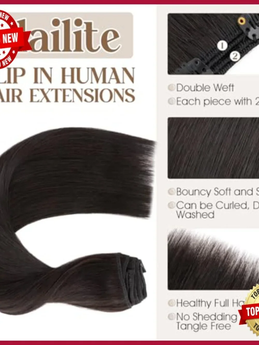 18 Inch Human Hair Extensions, 8 Wefts, Clip-In for Volume & Length